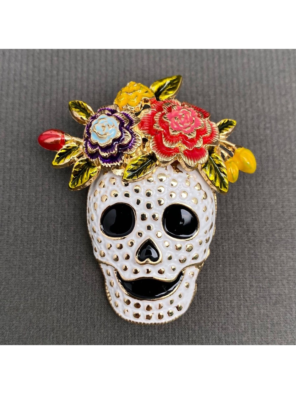 Halloween Skull with Wreath Enamel Brooch Gold and Coral